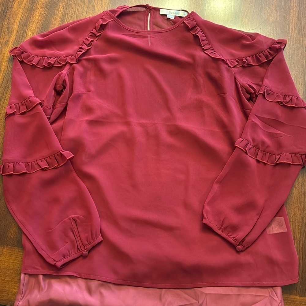 Boden Burgundy Ruffed Long Sleeve Lined Dressy Blouse